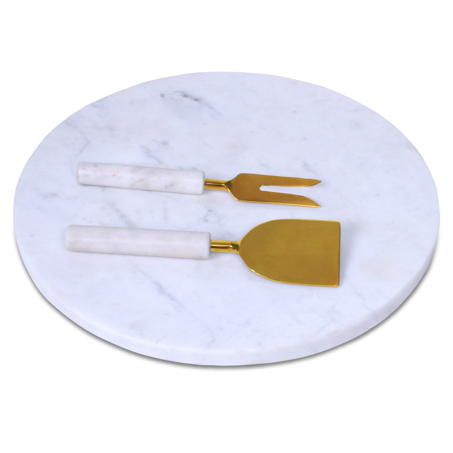 12" White Round Marble Cheese Board With Gold Cheese Knives