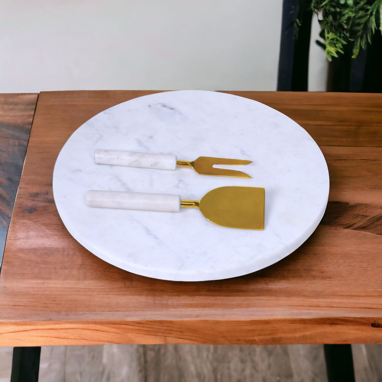 12" White Round Marble Cheese Board With Gold Cheese Knives