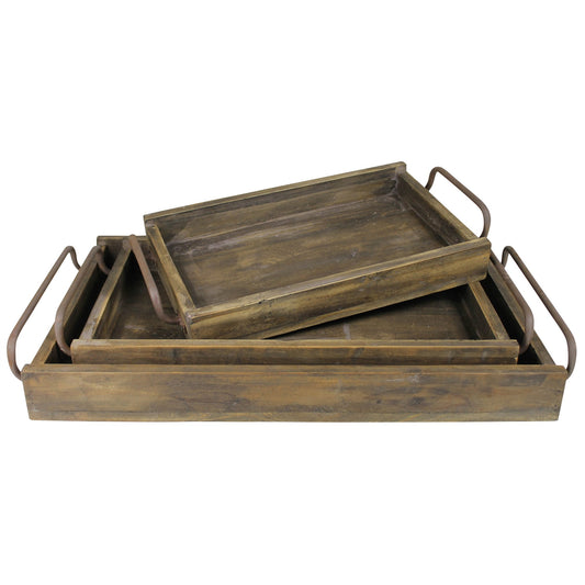 Set of Three Dark Brown Wood Indoor Outdoor Tray With Handles