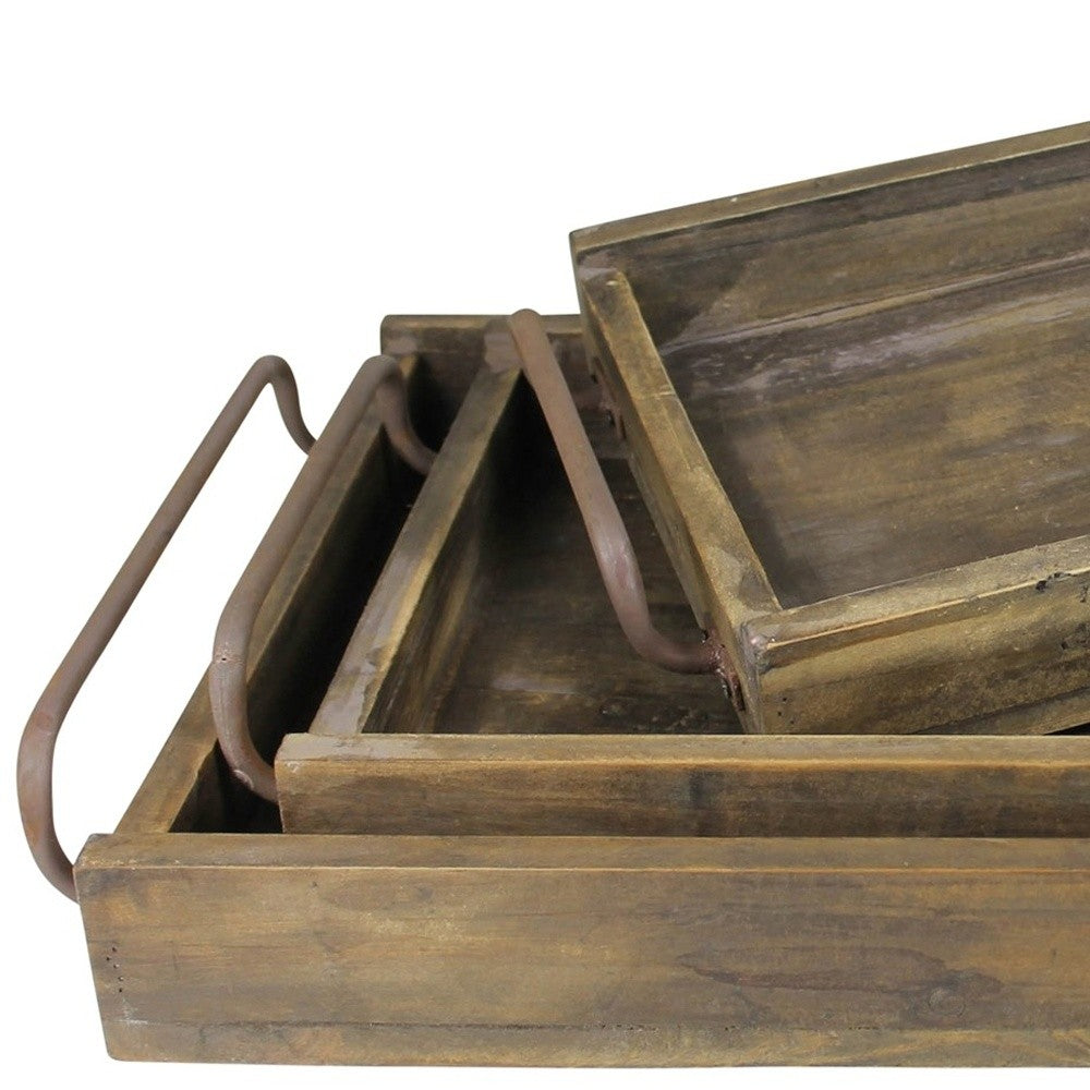 Set of Three Dark Brown Wood Indoor Outdoor Tray With Handles