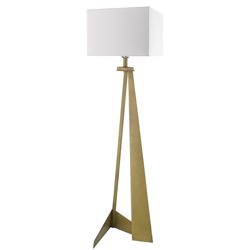 Gold-tone tripod floor lamp with rectangular white shade; modern mid-century style.