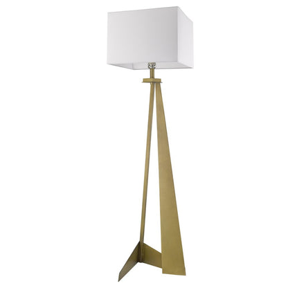 Brass tripod floor lamp with white rectangular shade and three angular legs.
