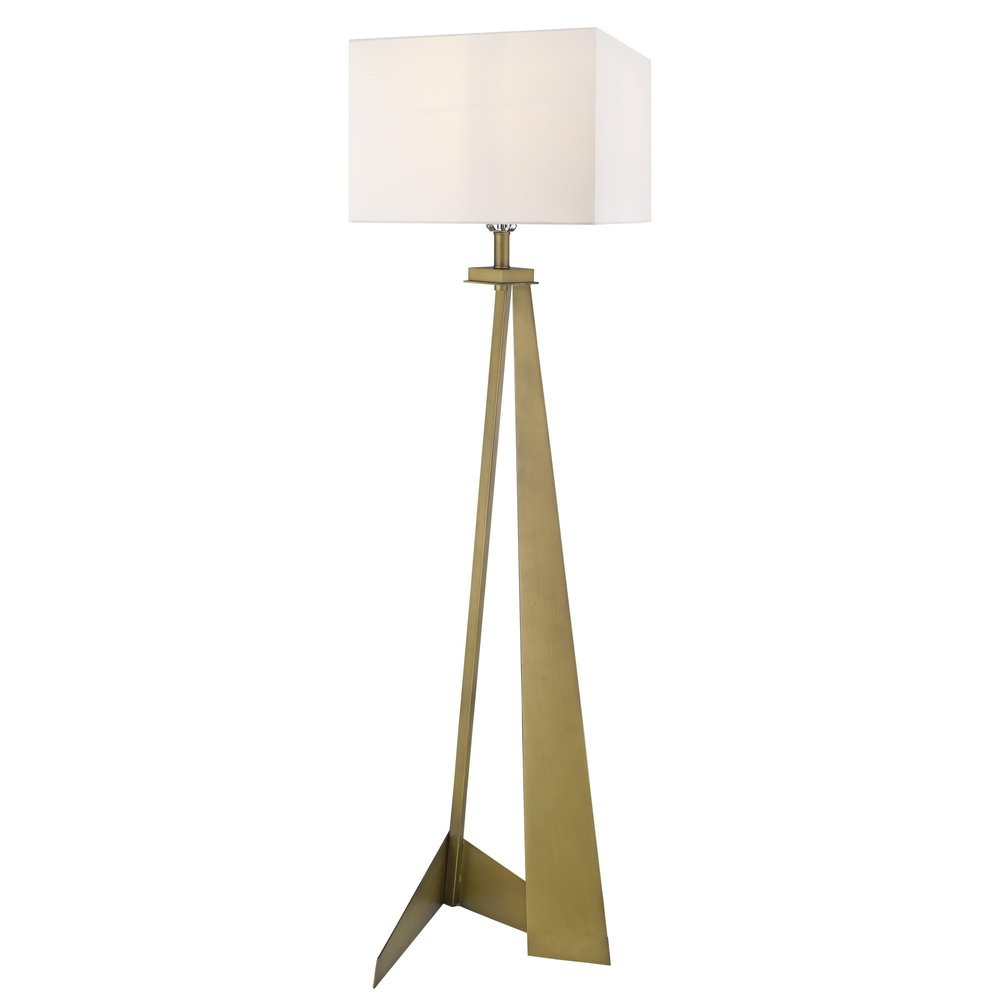 Brass-gold tripod floor lamp with three elongated legs and a white rectangular fabric shade.