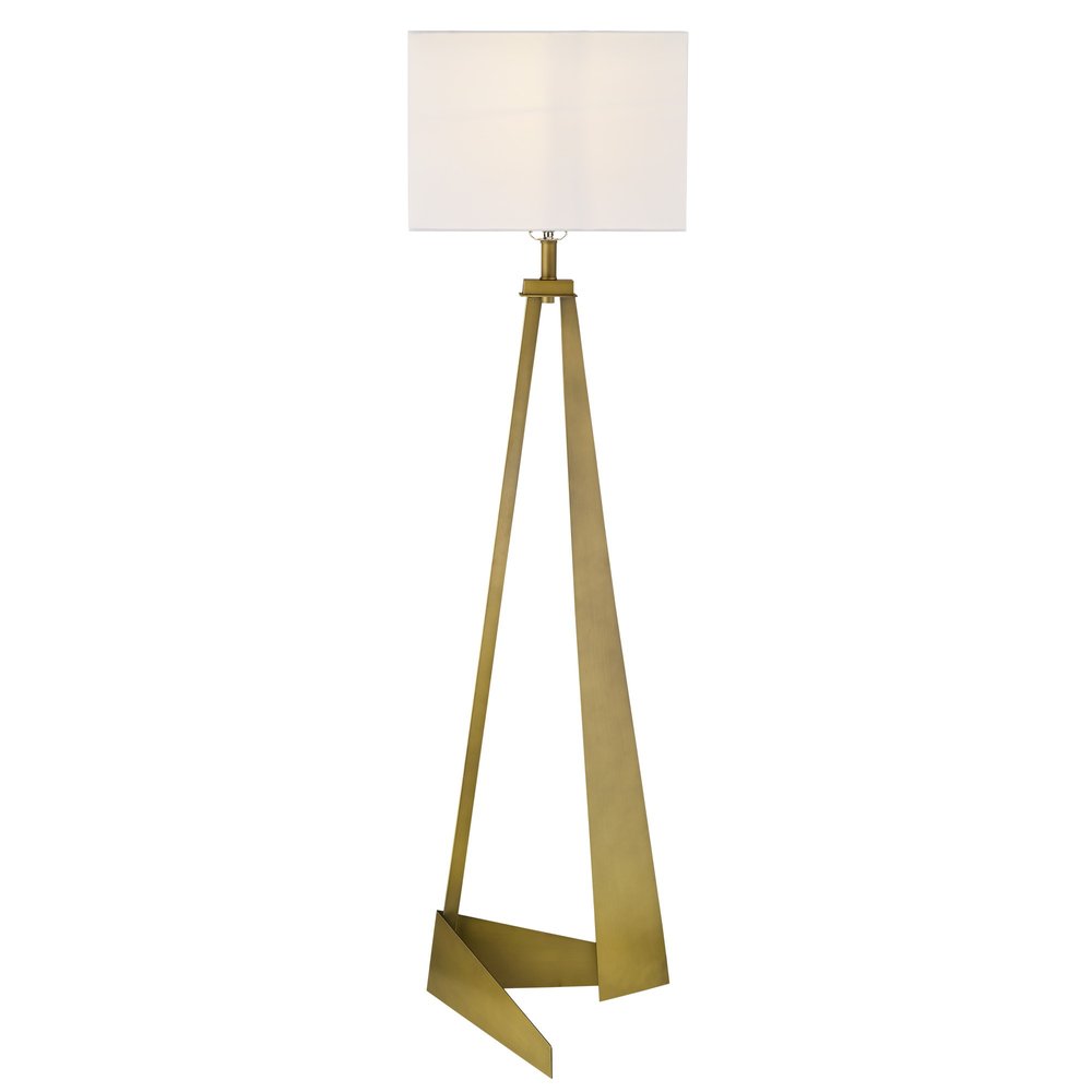 Gold brass tripod floor lamp with angled legs and a rectangular white fabric shade.