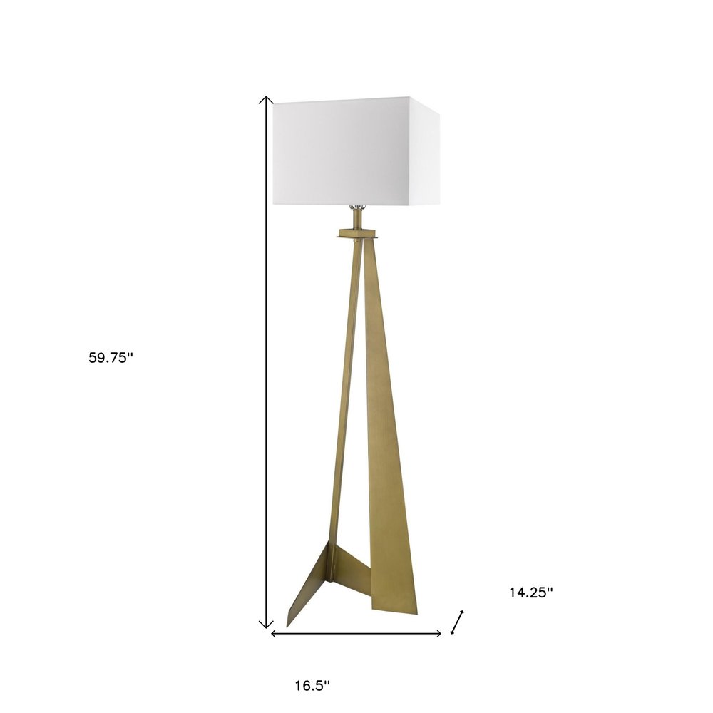 Brass-toned tripod floor lamp with a white rectangular shade and angular base.