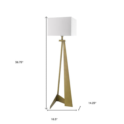 Brass-toned tripod floor lamp with a white rectangular shade and angular base.