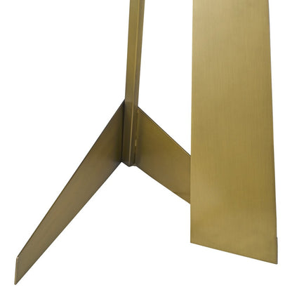 Brass-finish metal stand with a V-shaped base formed by two diagonal legs and a tall vertical panel.