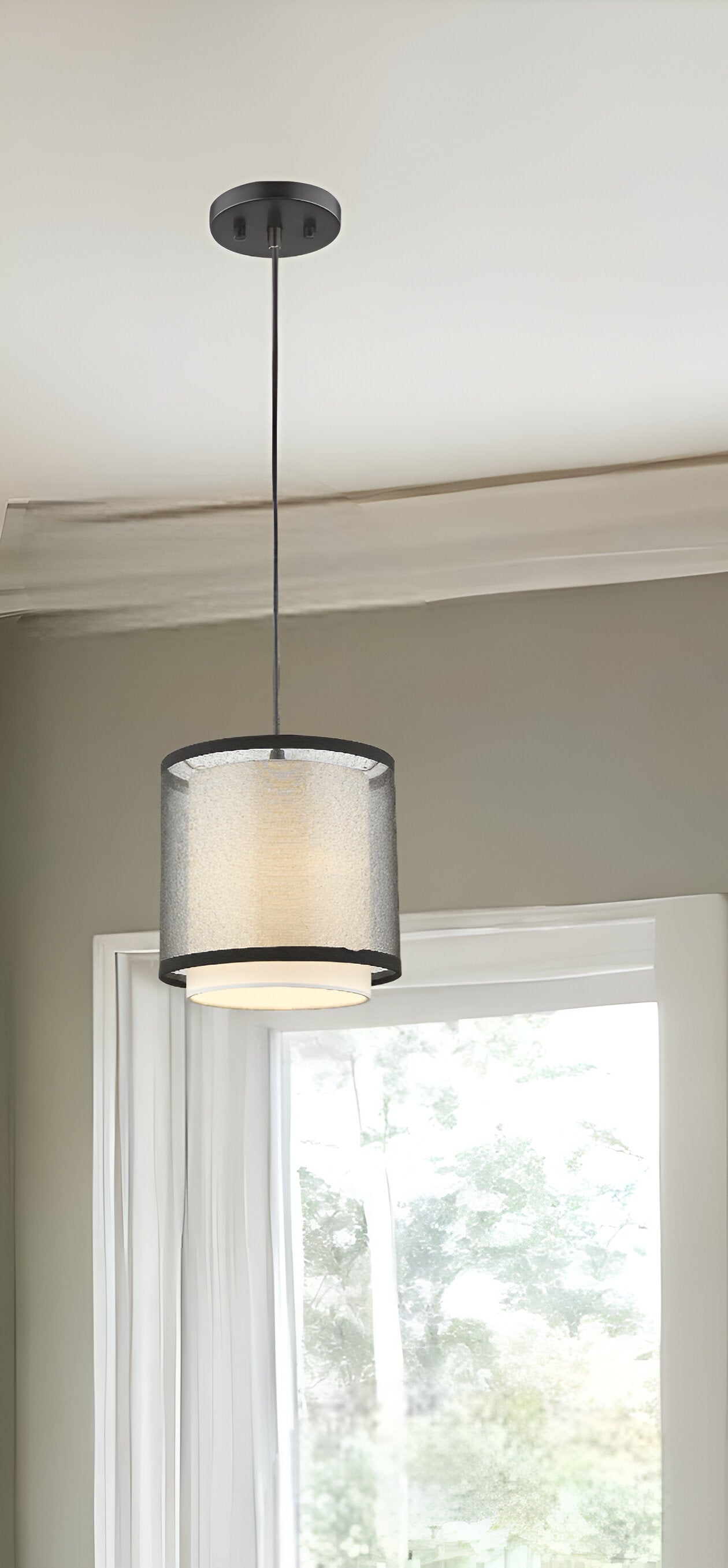 Antique Bronze Hanging Light with Fabric Shade