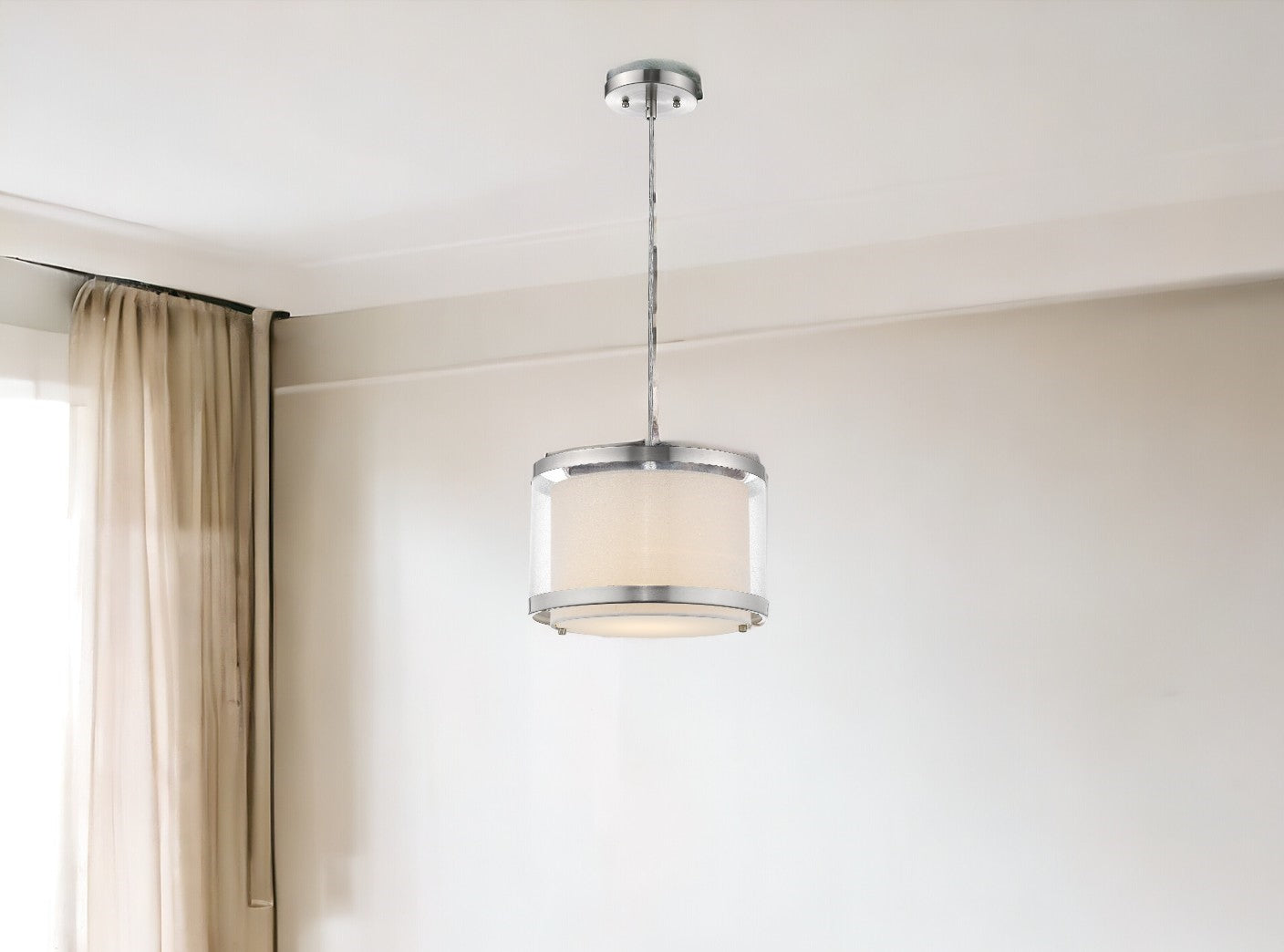 Lux 1-Light Brushed Nickel Pendant With Metal Trimmed Sheer Snow Shantung Two Tier Shade