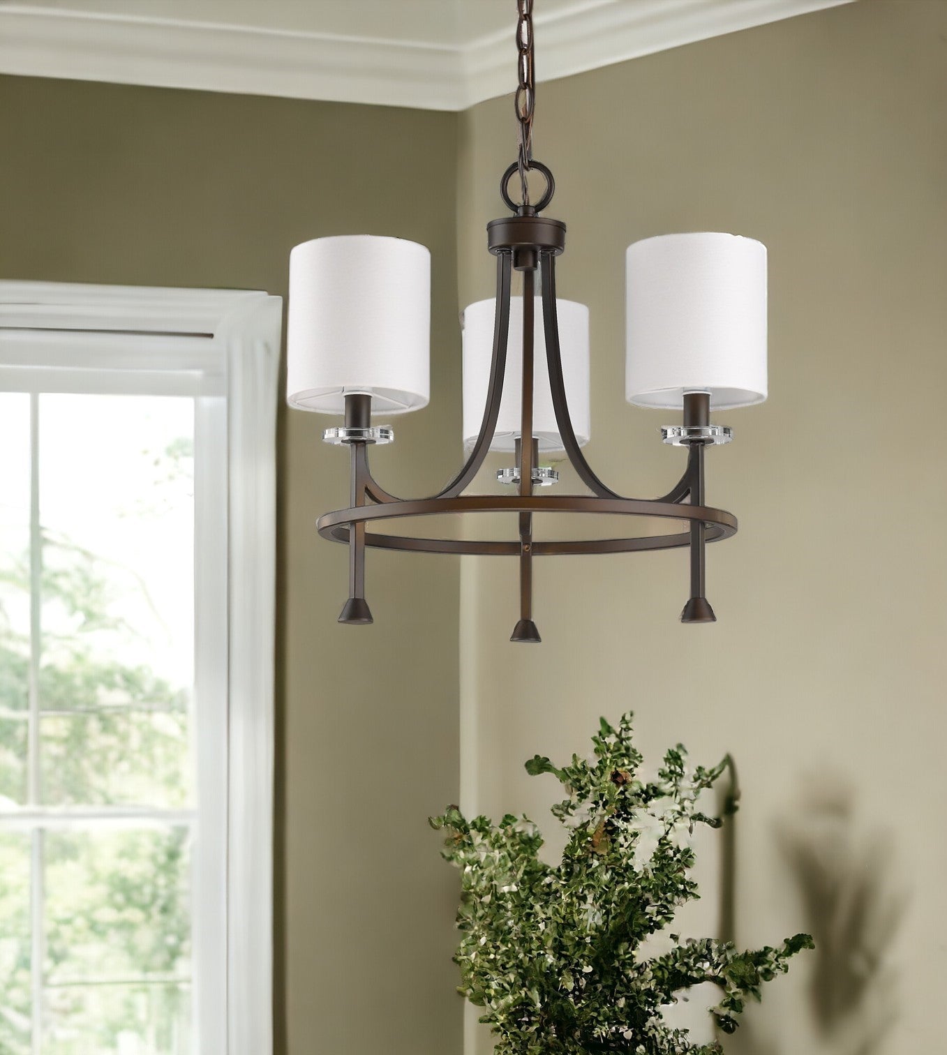 Bronze Candle Style Three Light Metal Dimmable Chandelier With White Shades