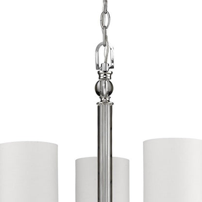 Silver Candle Style Three Light Metal and Crystals Dimmable Chandelier With White Shades