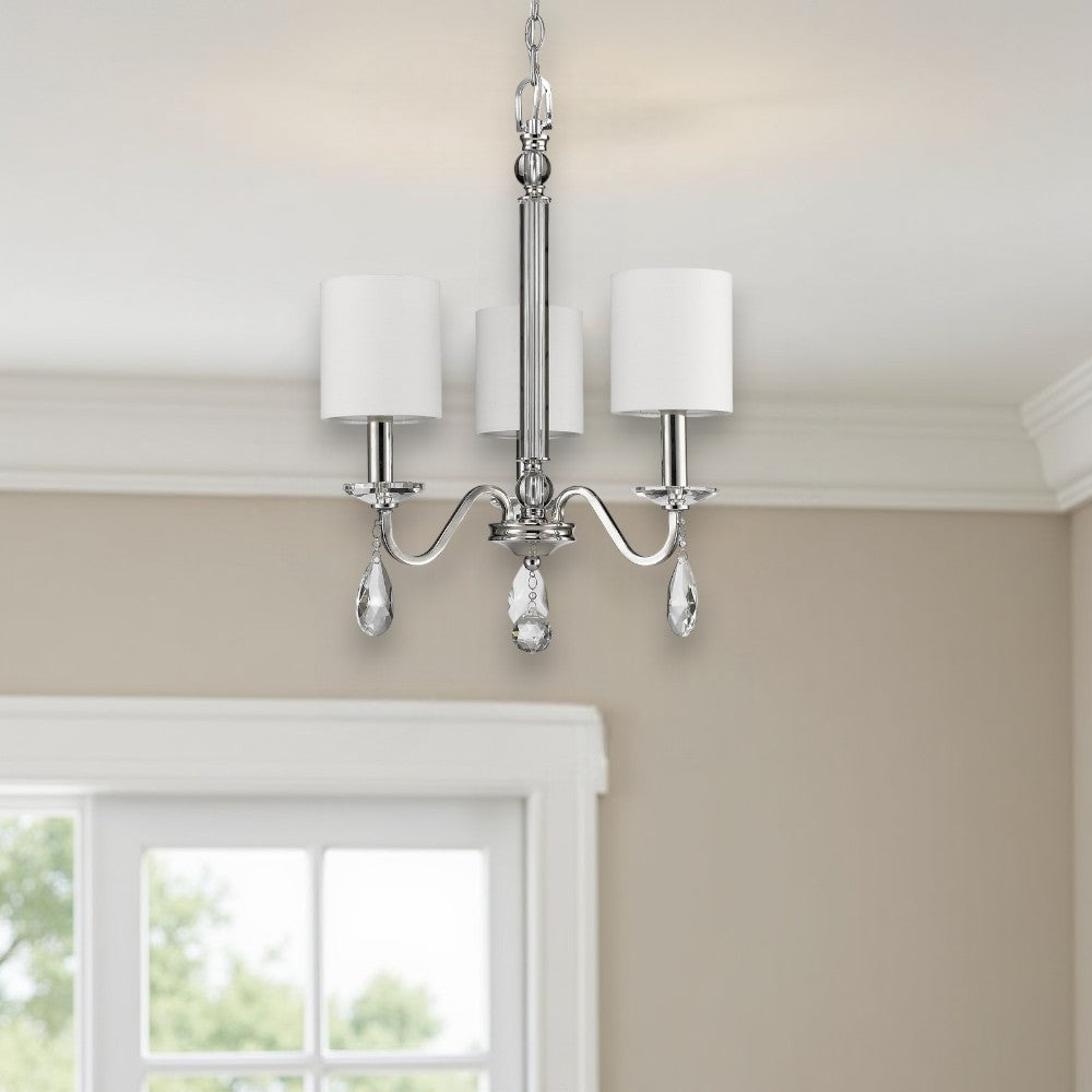 Silver Candle Style Three Light Metal and Crystals Dimmable Chandelier With White Shades