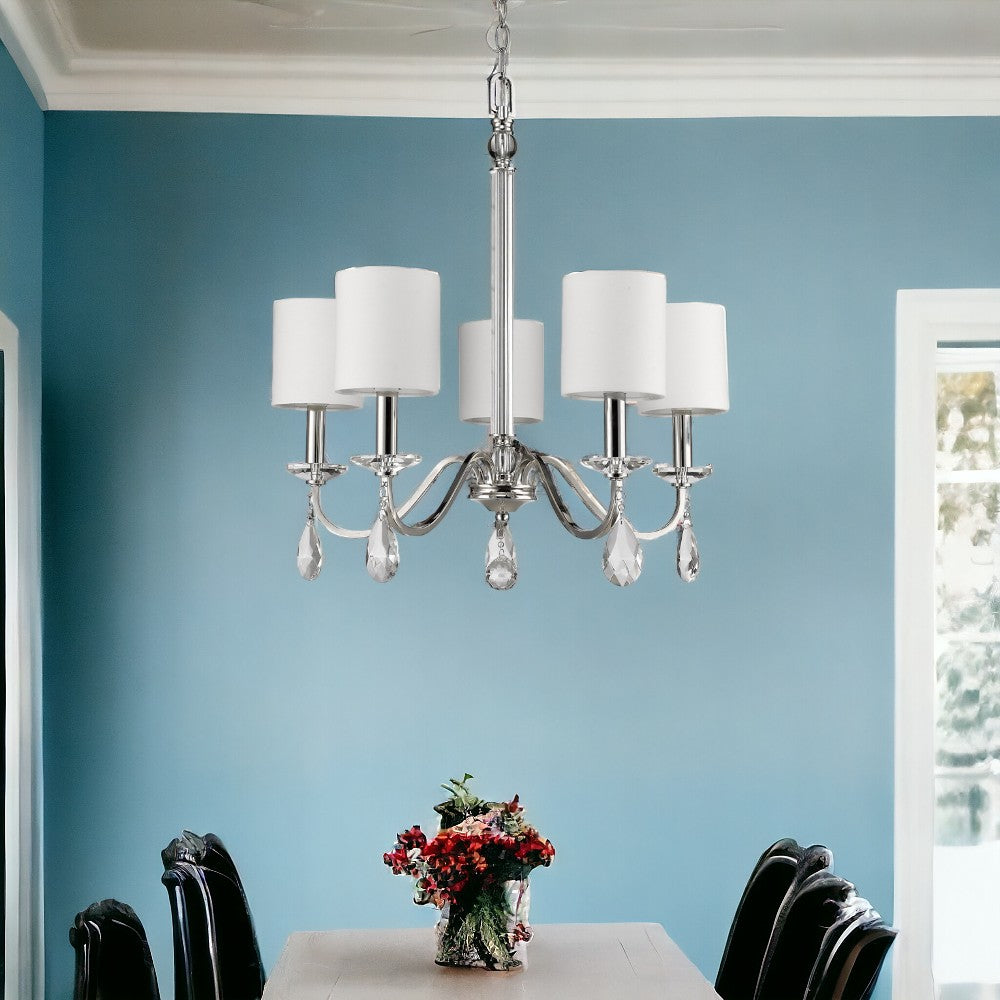 Lily 5-Light Polished Nickel Chandelier With Fabric Shades And Crystal Accents