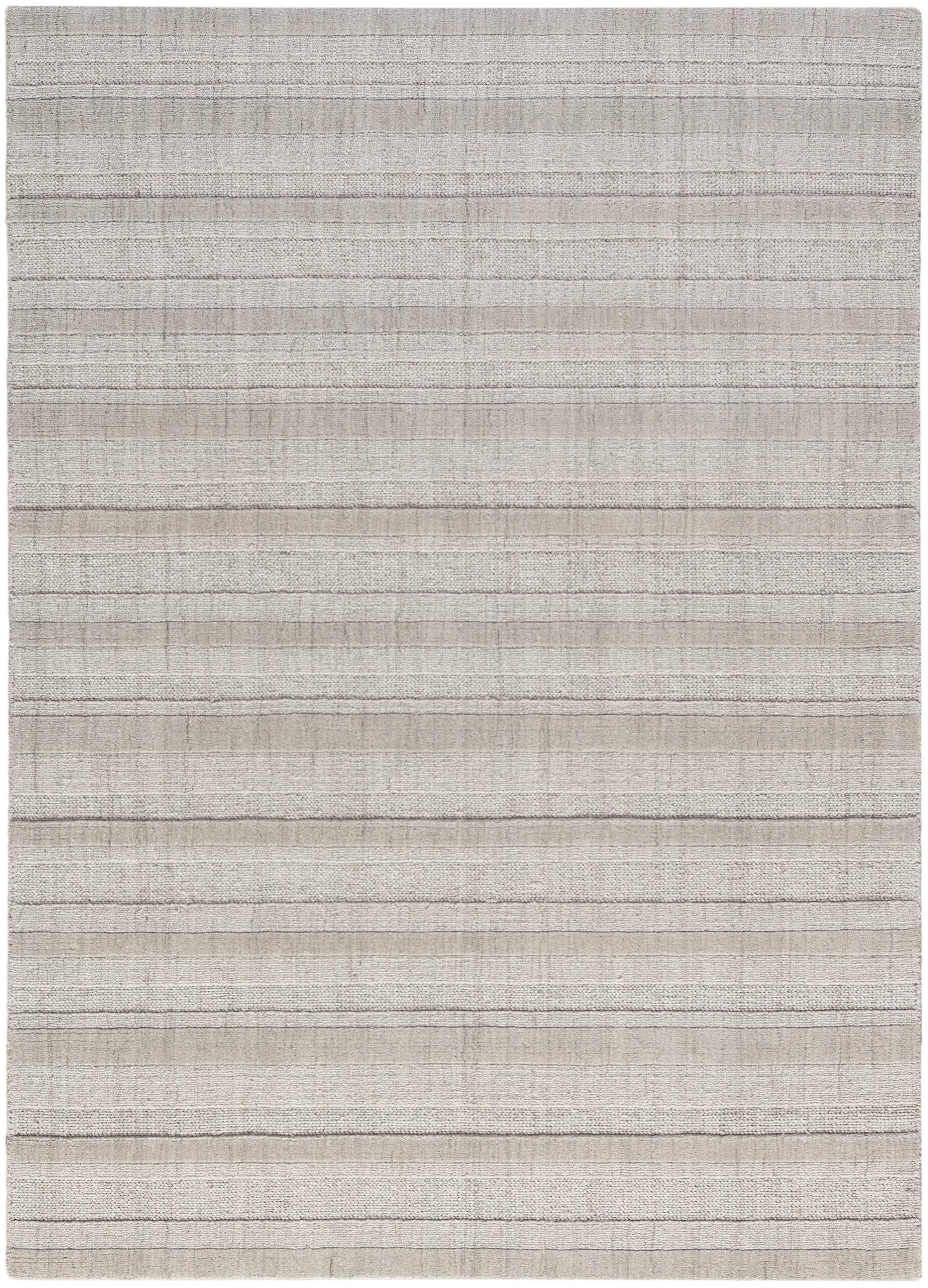Beige-gray striped rug with subtle horizontal bands; flat-weave, modern living room decor.