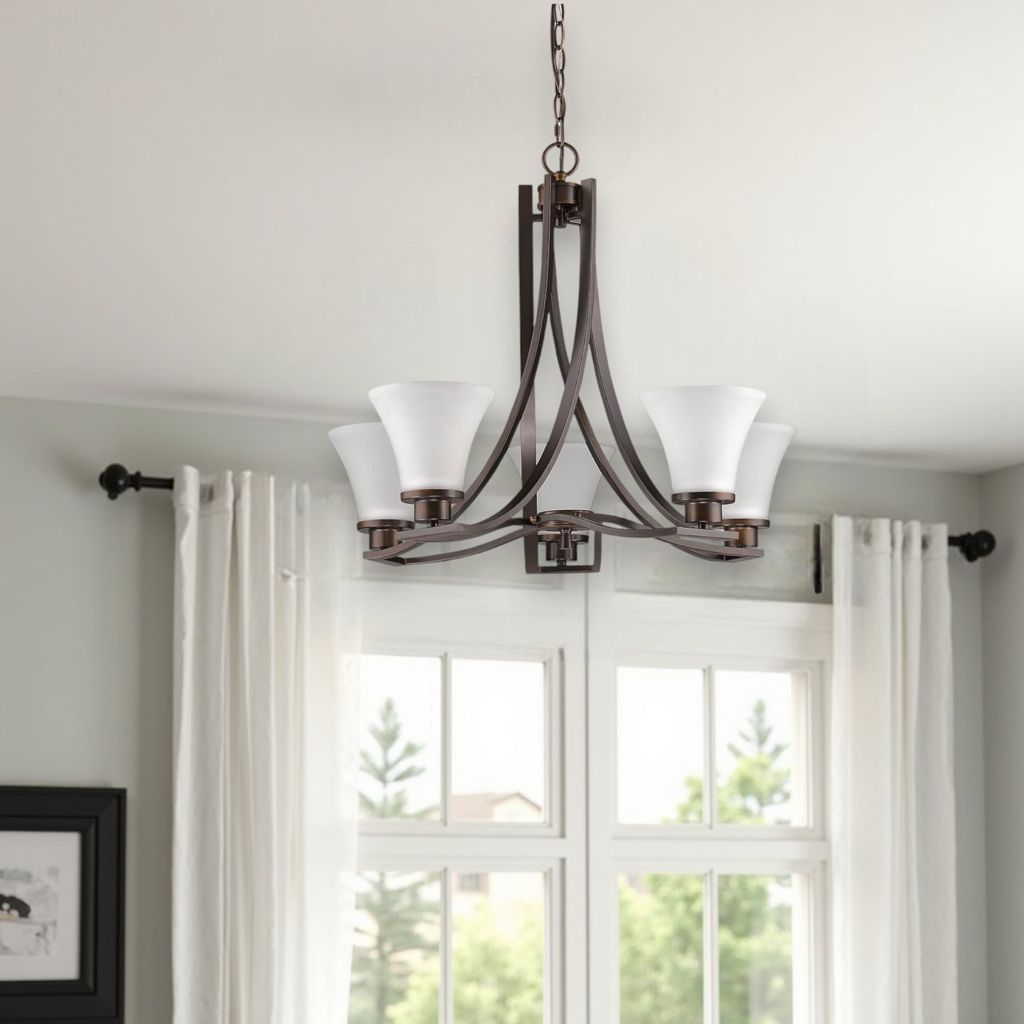 Bronze Candle Style Five Light Frosted Metal Dimmable Chandelier With White Shades