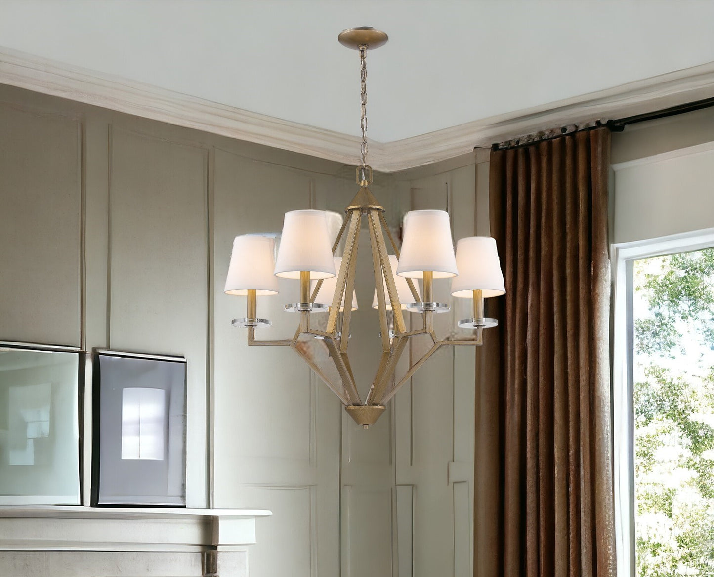 Easton 6-Light Washed Gold Chandelier With Crystal Bobeches And White Fabric Shades