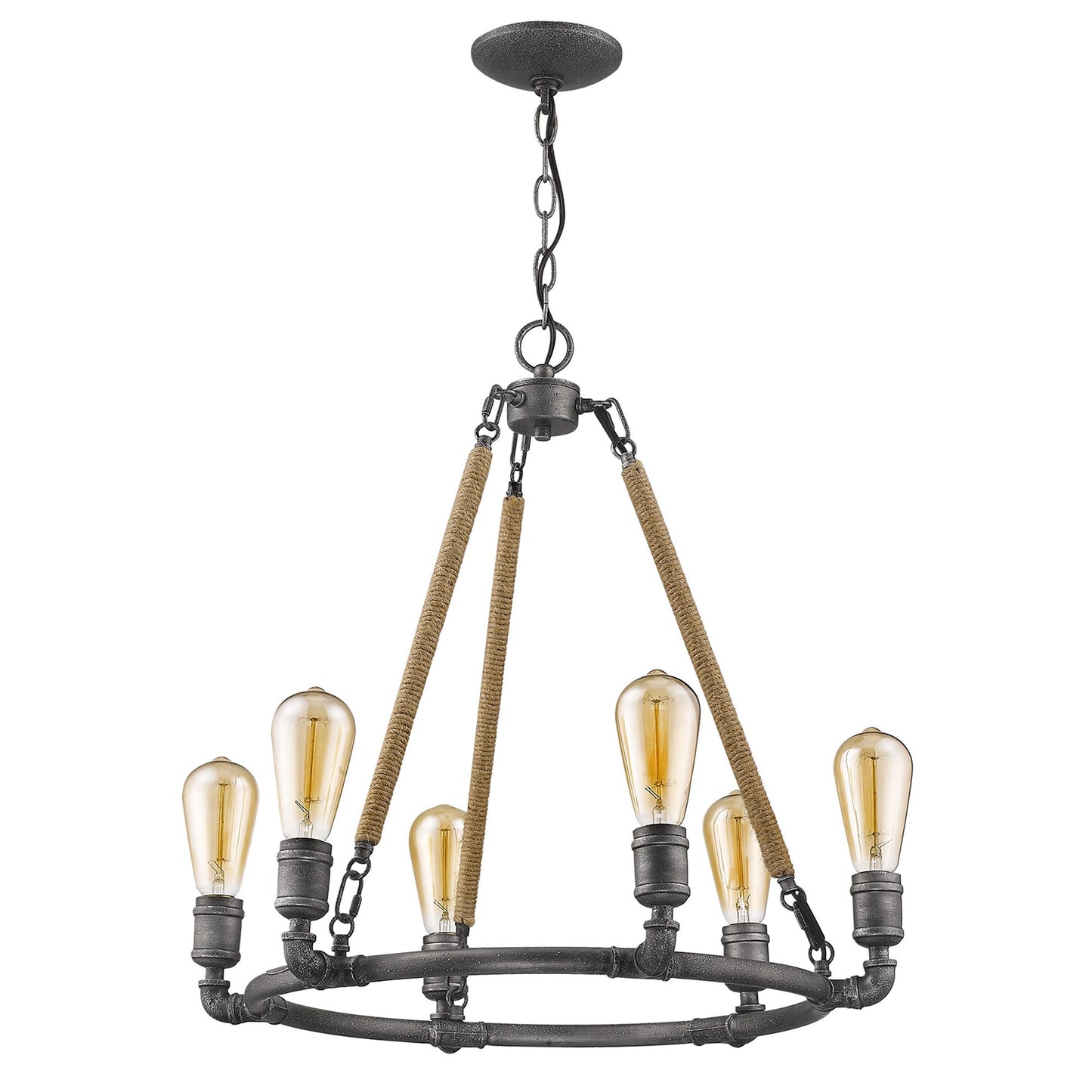 Grayson 6-Light Antique Gray Chandelier With Jute Wrapped Uprights