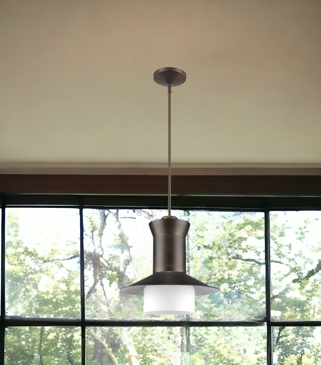 Greta 1-Light Oil-Rubbed Bronze Pendant With Gloss White Interior And Etched Glass Shade