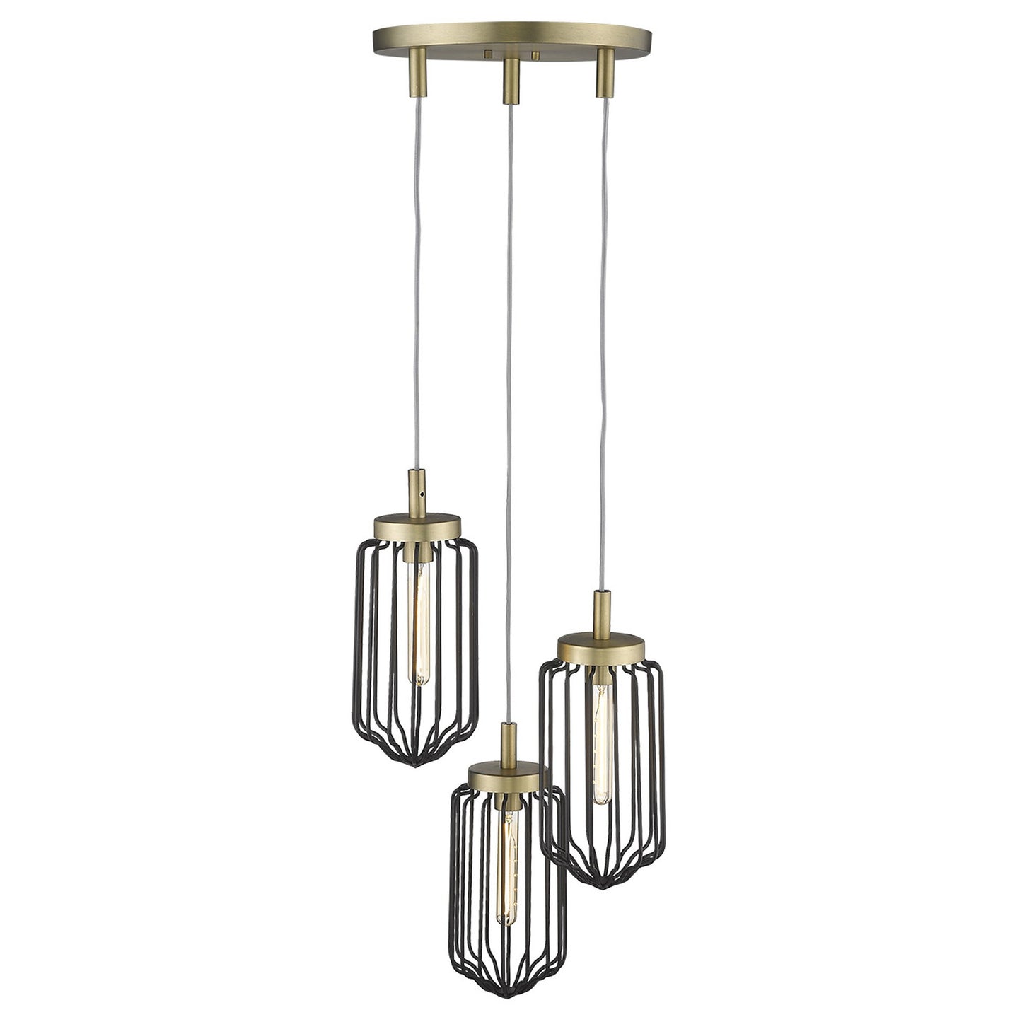 Gold Caged Three Light Metal Dimmable Chandelier With Black Shades