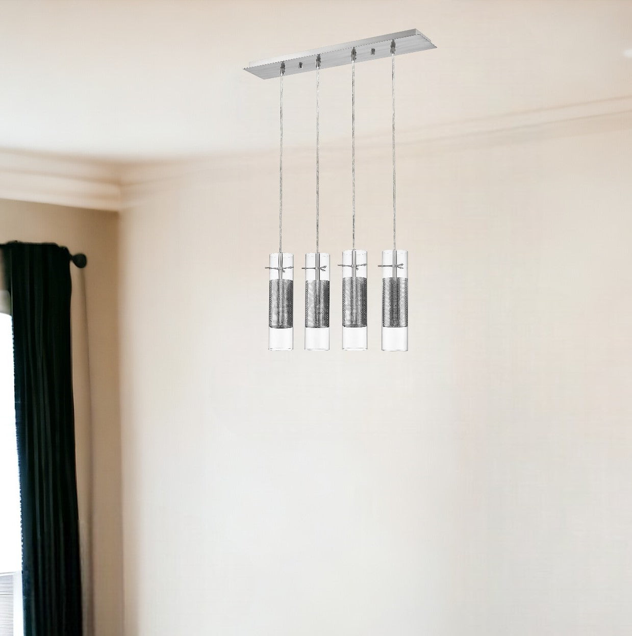 Scope 4-Light Brushed Nickel Pendant Double Glass and Mesh Shades