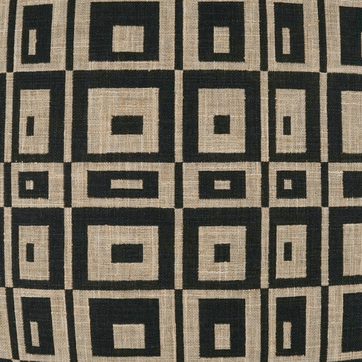 Beige & black geometric fabric with nested square grid pattern; retro upholstery textile for cushions or curtains.