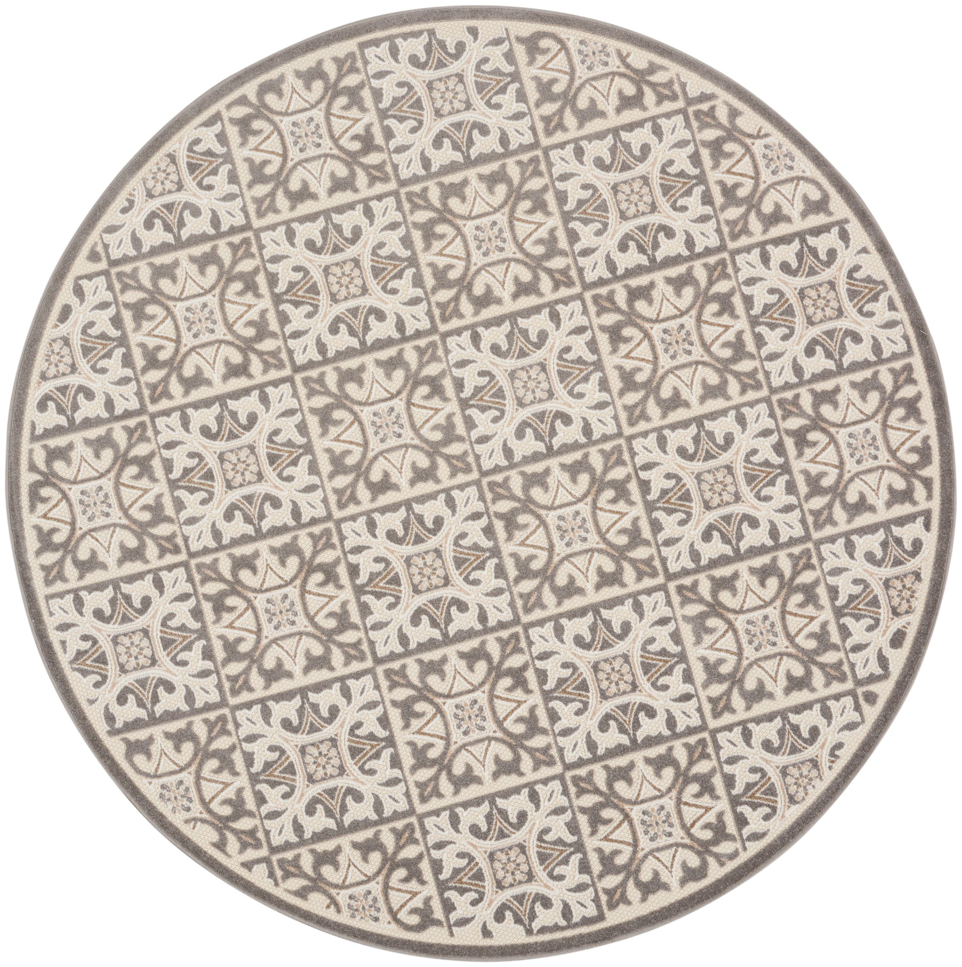 Round ceramic plate with cream and gray tile motif and ornate floral patterns in a repeating grid.