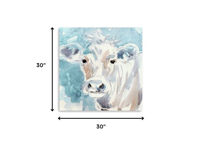 20" x 20" Blue Pastel Watercolor Cow Unframed Canvas Wall Art