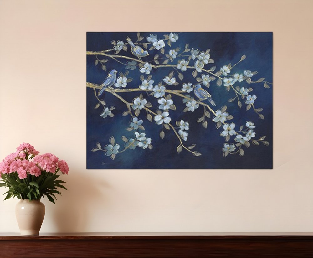 24" x 32" Navy Blue Watercolor Midnight Bird Rendezvous Canvas Wall Art