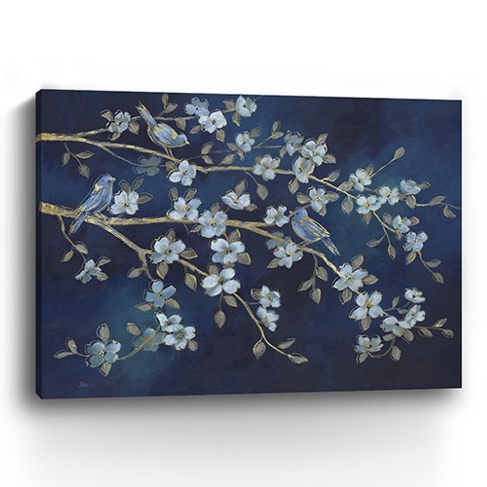 24" x 32" Navy Blue Watercolor Midnight Bird Rendezvous Canvas Wall Art