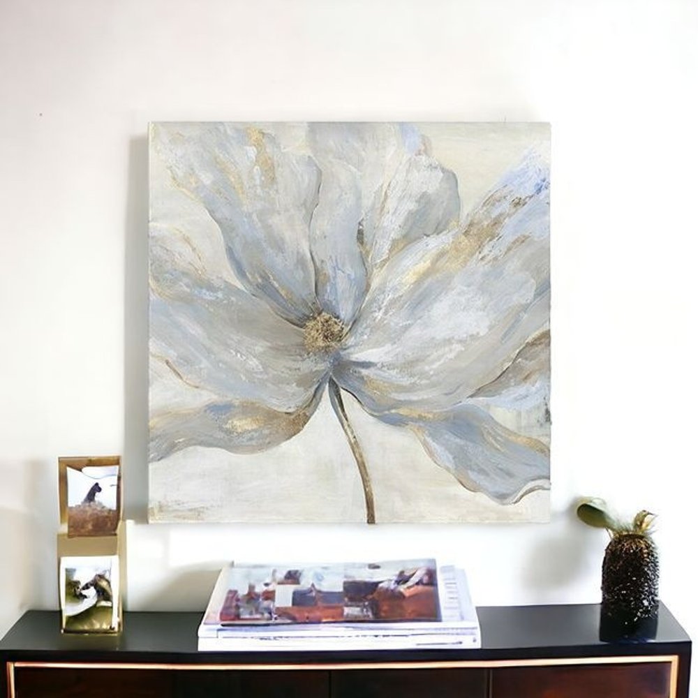 Soft Blue And Grey Flower With Gold Details Unframed Print Wall Art