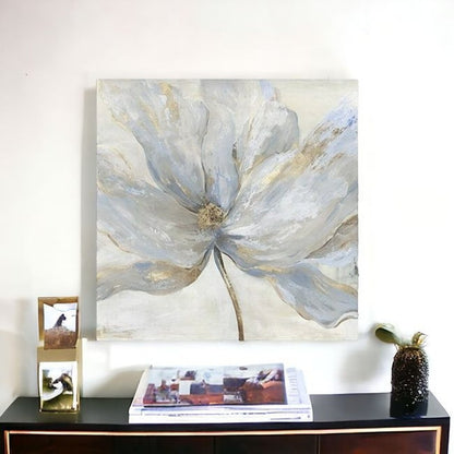 Soft Blue And Grey Flower With Gold Details Unframed Print Wall Art