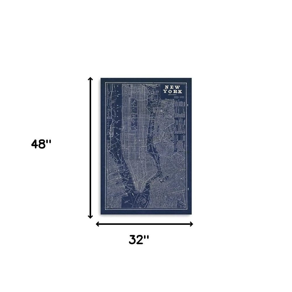 24" x 16" Indigo and White Aerial New York Map Canvas Wall Art