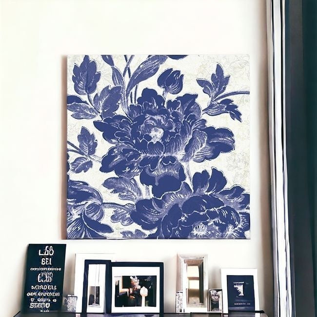 Blue Toile Roses Unframed Print Wall Art