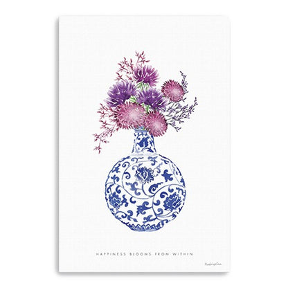 24" x 16" Blue and White Happiness Floral Vase Canvas Wall Art