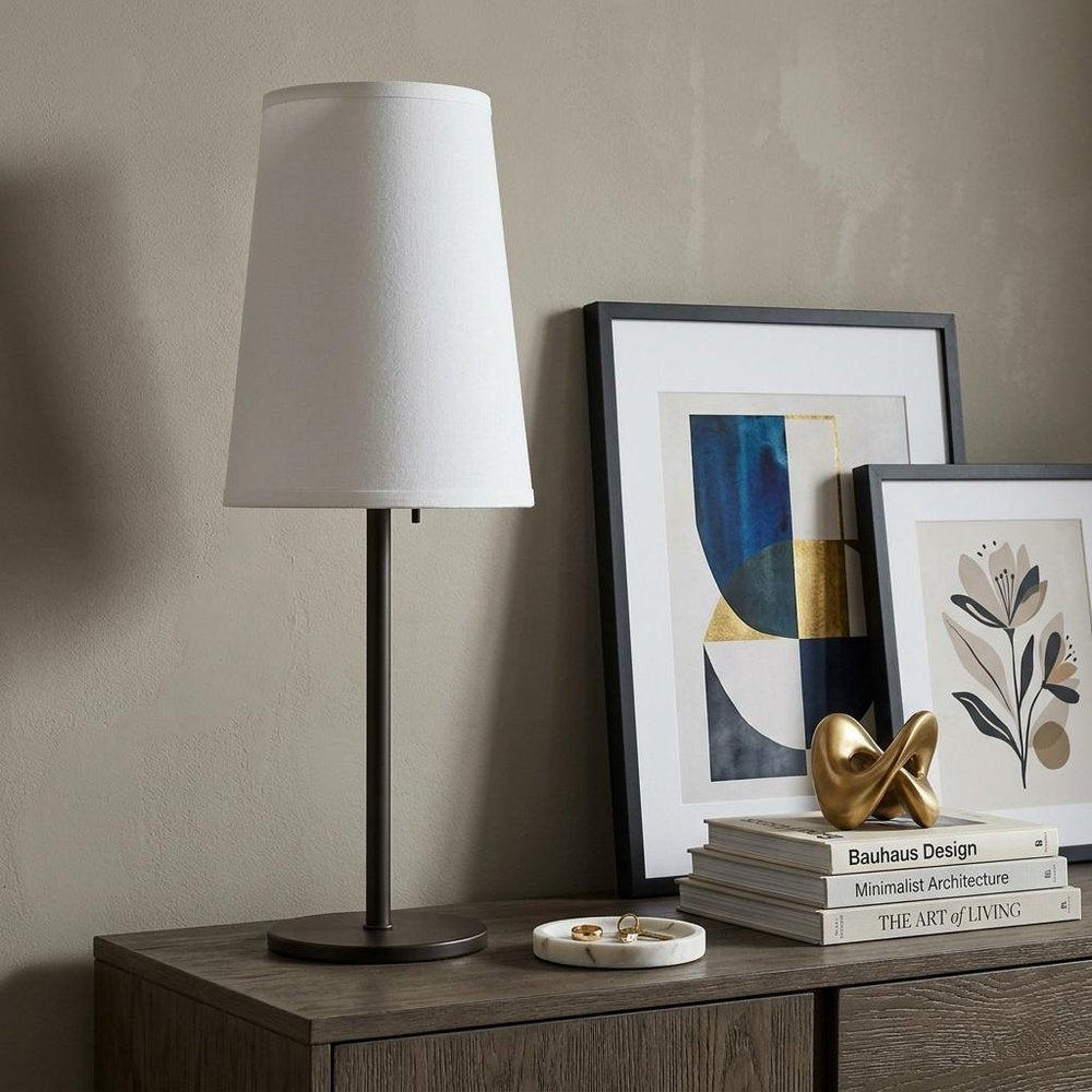 27" Black Metal Table Lamp With White Cone Shade