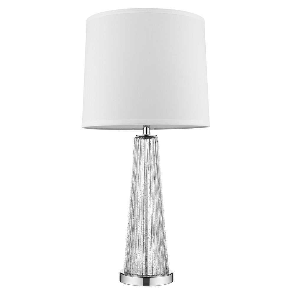 Tall silver textured tapering table lamp with chrome ring and white fabric empire shade.