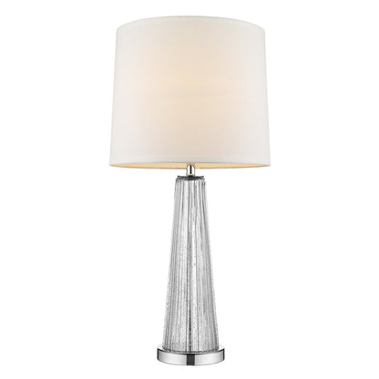 Silver tapered textured metal lamp base with a white drum shade; modern table lamp for living room.