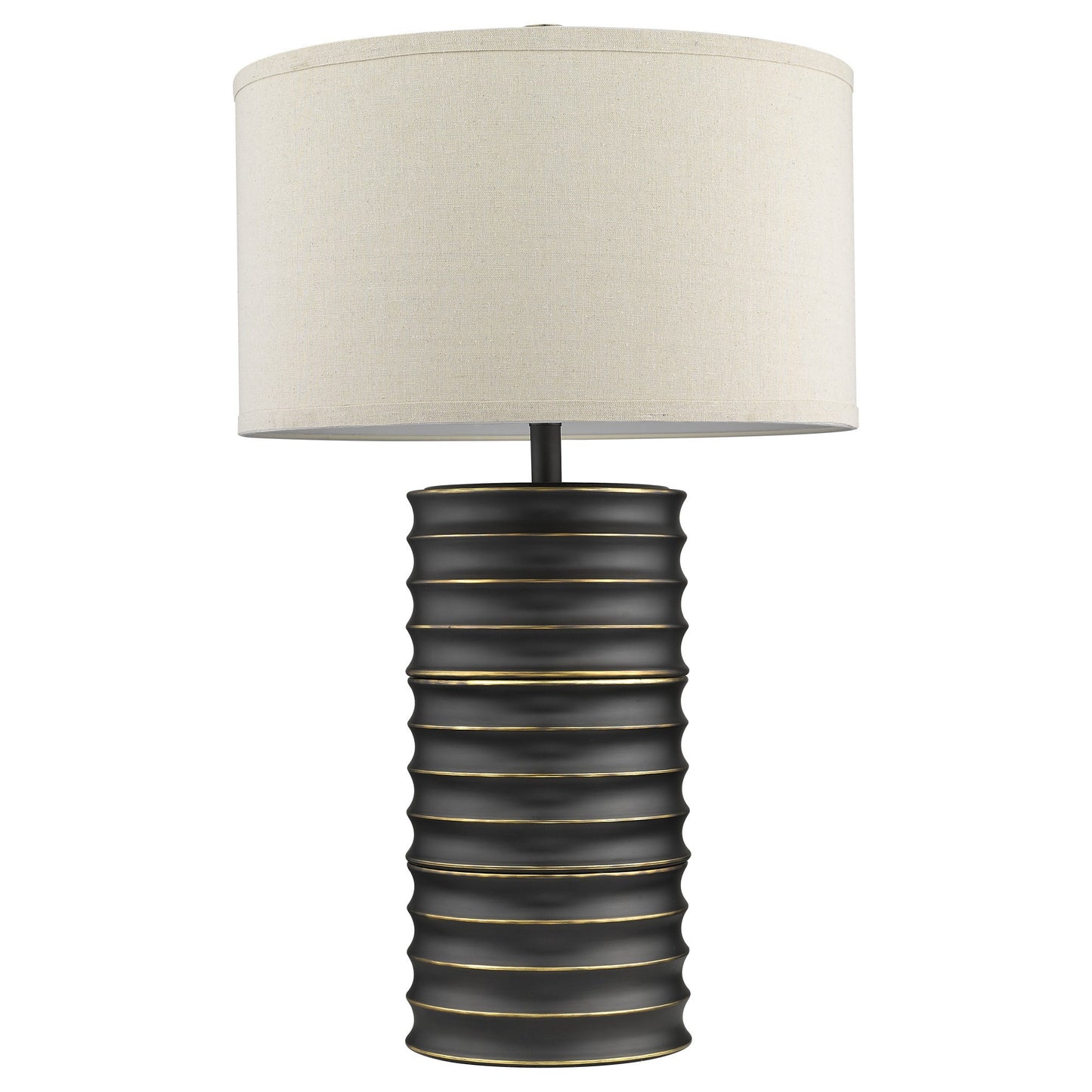 29" Black Metal Column Lamp With Off White Drum Shade