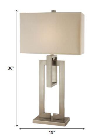 36" Nickel Iron Geometric Table Lamp With Ivory Shade