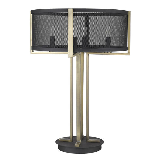 25" Brass Metal Four Light Geometric Table Lamp With Black Drum Shade