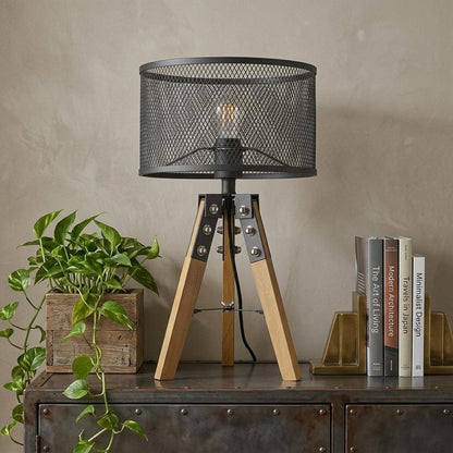 20" Brown Solid Wood Tripod Table Lamp With Black Drum Shade