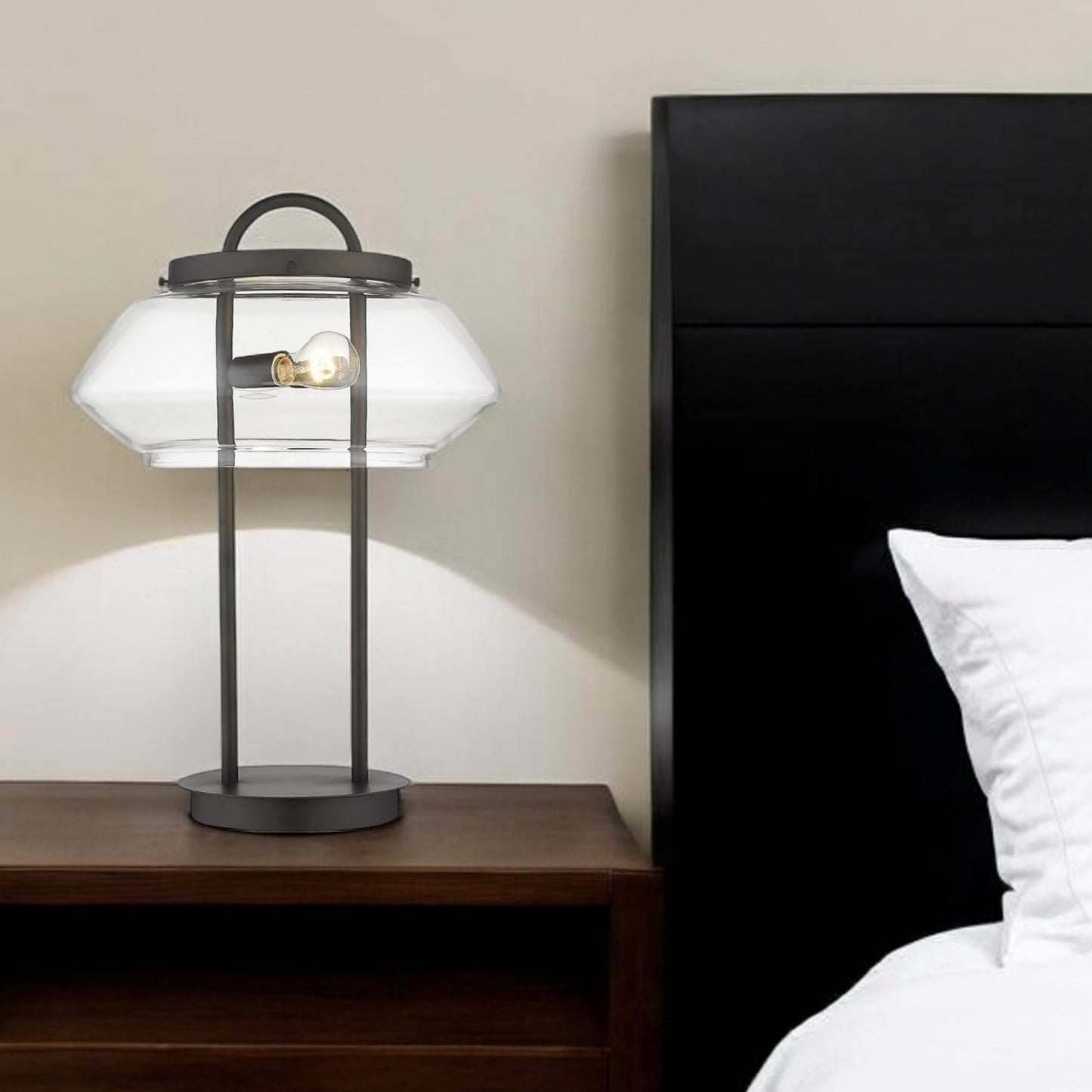 24" Black Metal Two Light Table Lamp With Clear Novelty Shade