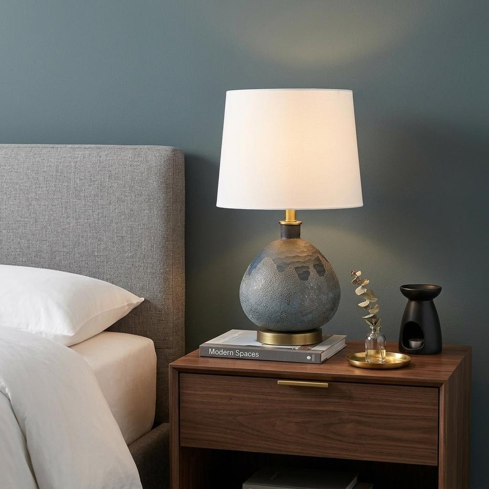 22" Teal Blue Concrete Gourd Table Lamp With Cream Empire Shade
