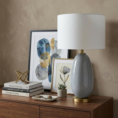 29" Light Gray Glass Table Lamp With White Drum Shade
