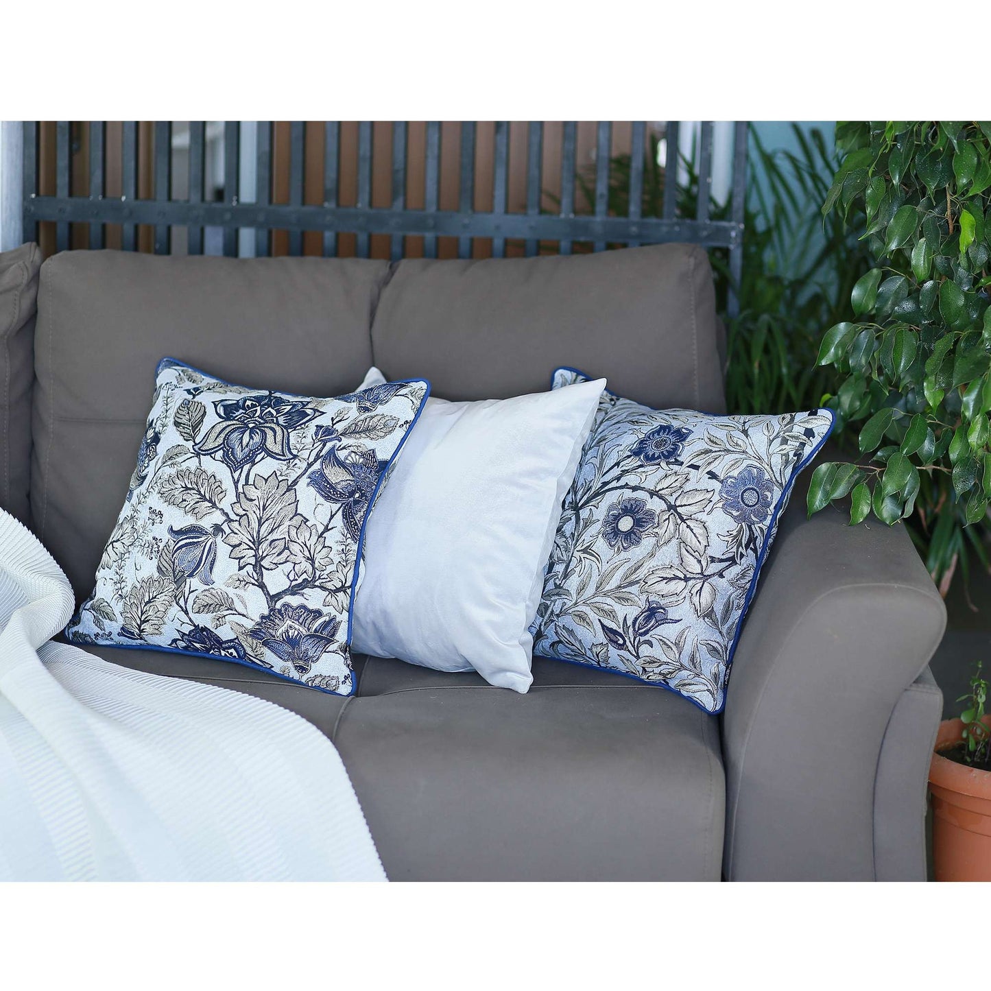 Blue and Gray Floral Vines Decorative Throw Pillow