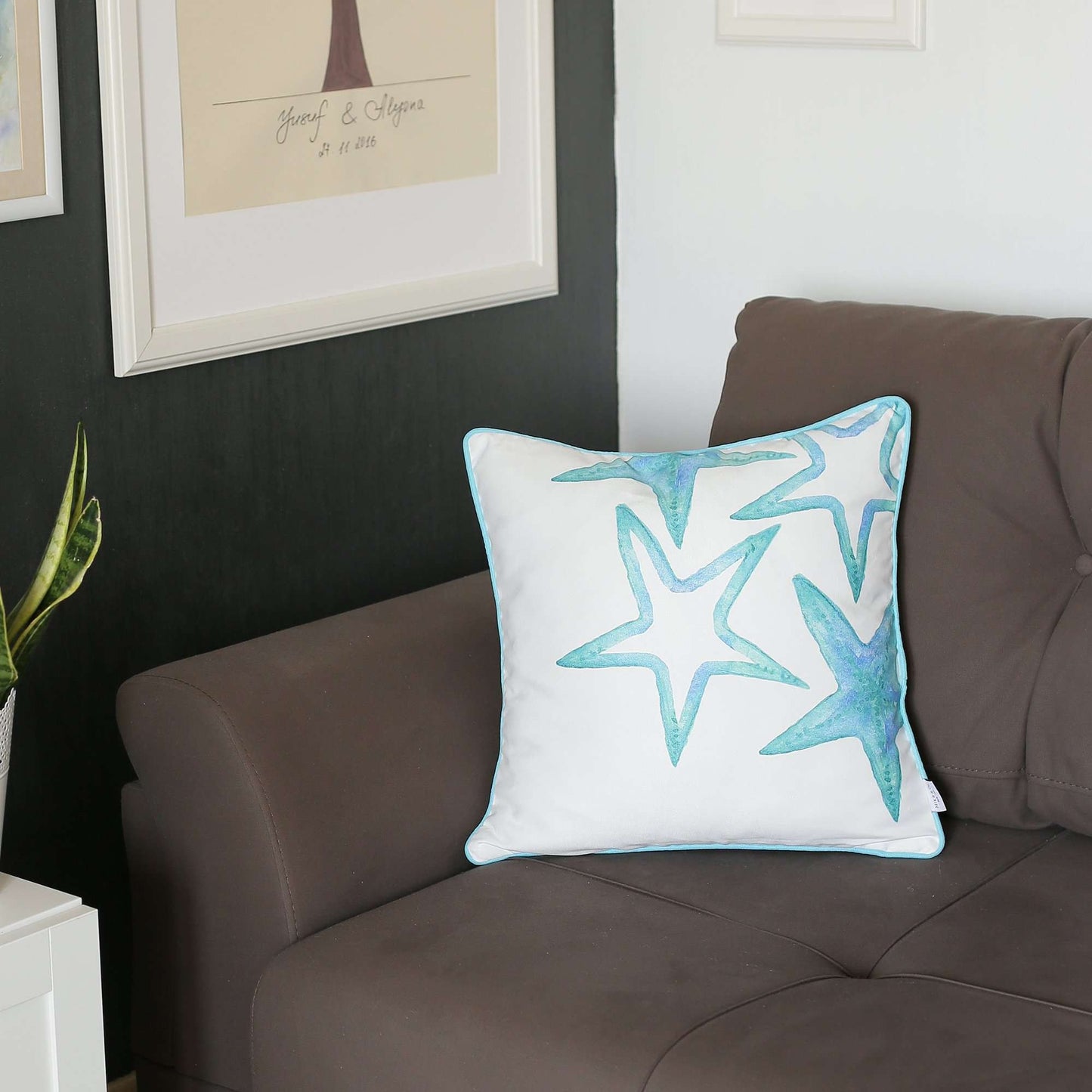 Aqua Blue Watercolor Stars Throw Pillow