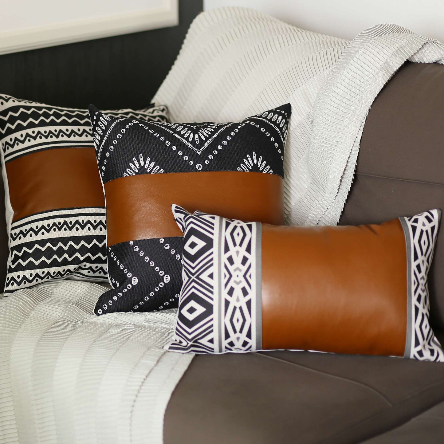 Black Geometric Pattern Leather Throw Pillow