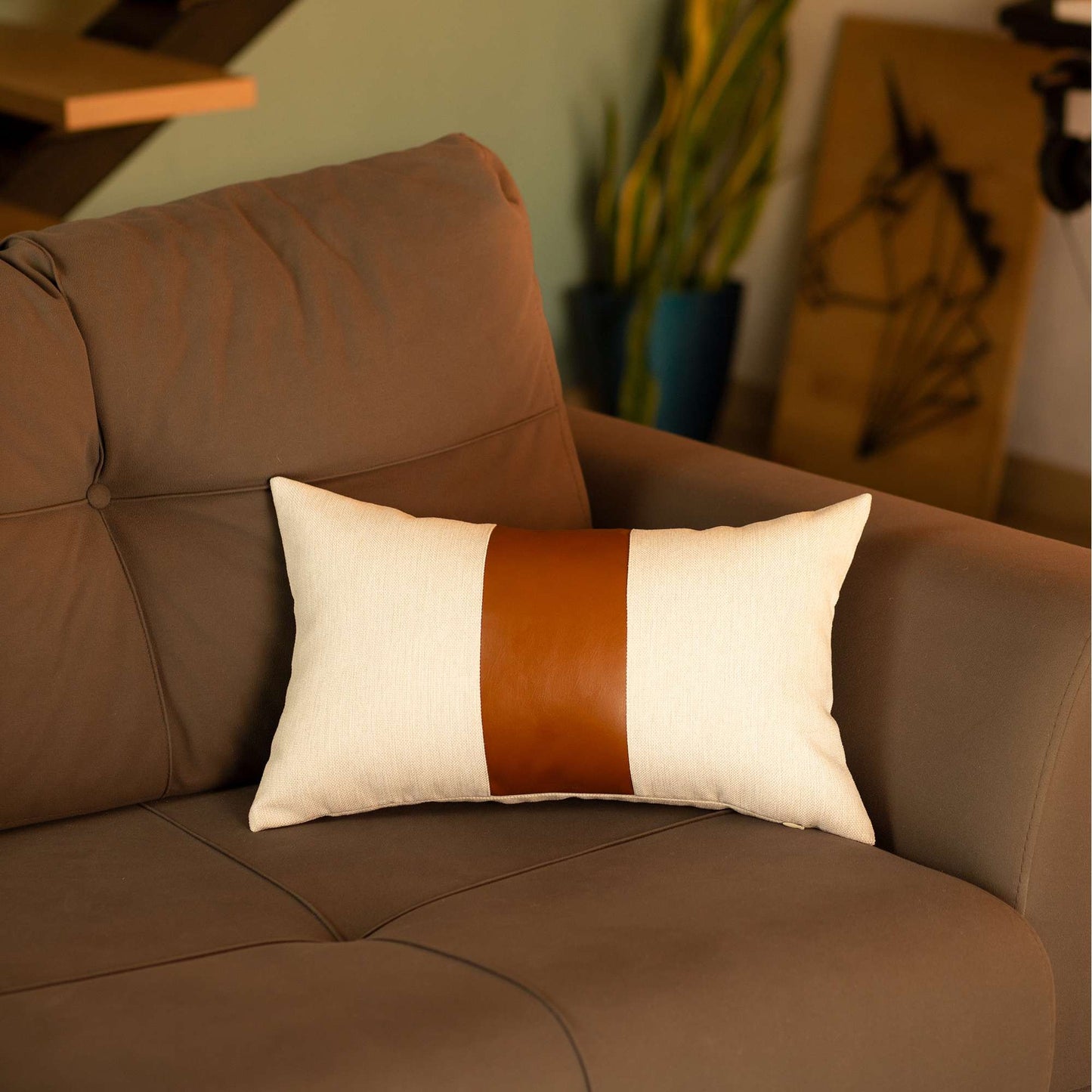 Pure White and Brown Faux Leather Lumbar Pillow