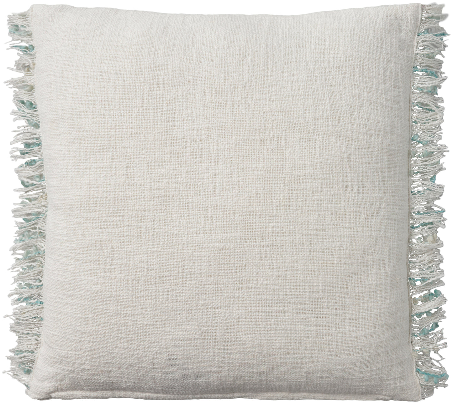 Aqua square linen pillow with woven texture and pastel fringe tassels along the edges.