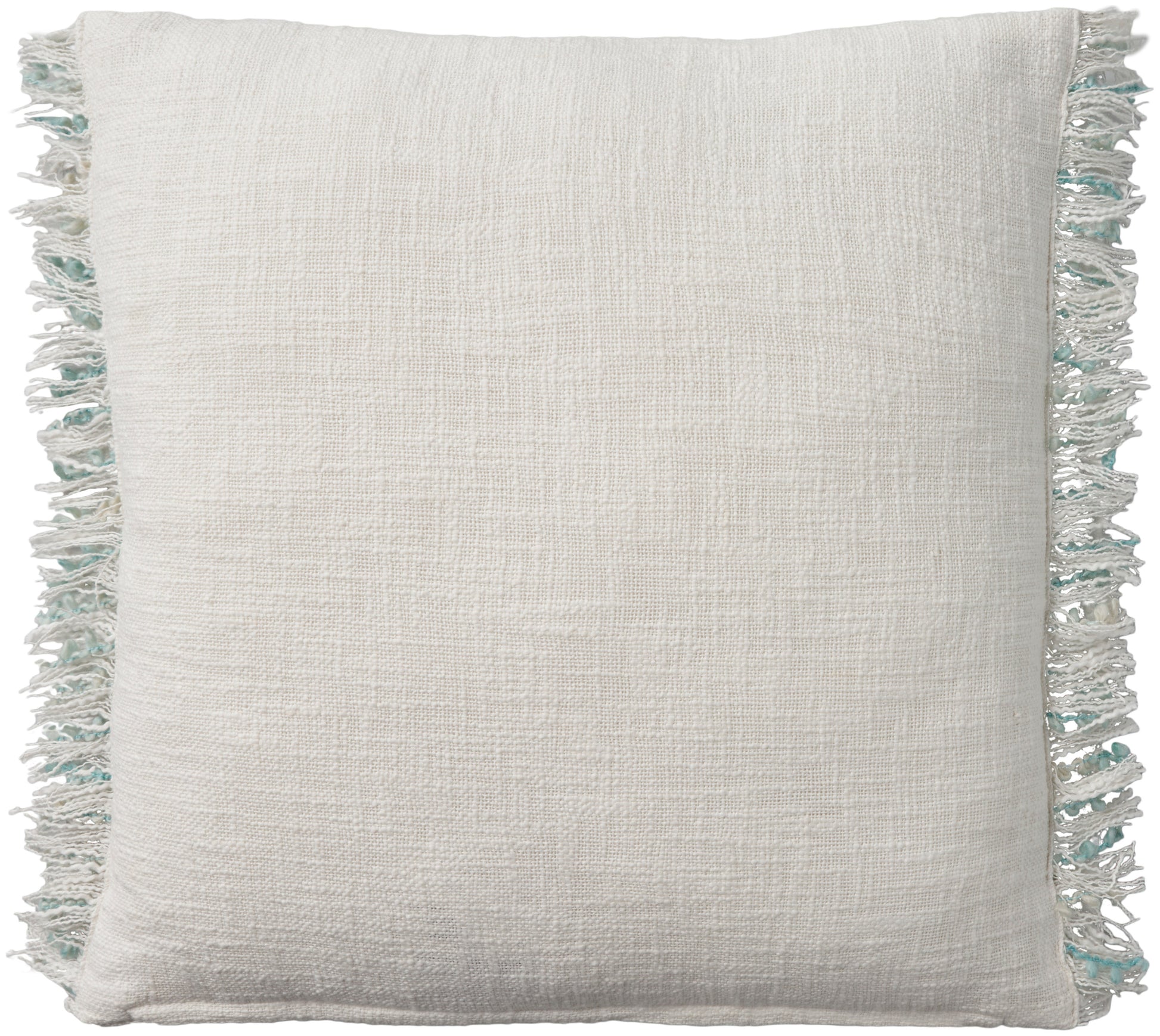 Aqua square linen pillow with woven texture and pastel fringe tassels along the edges.